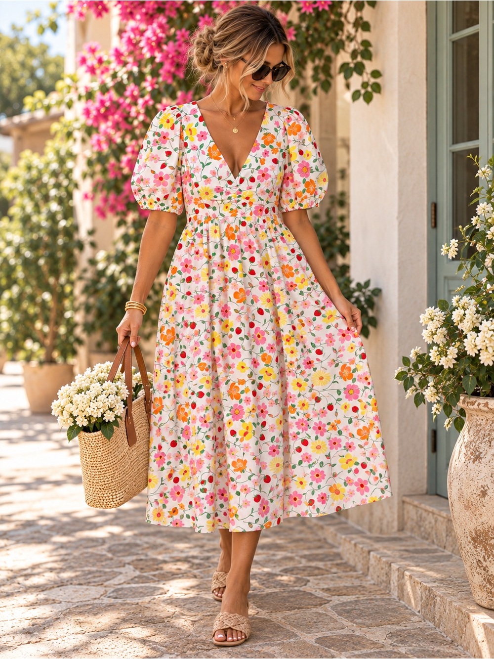 Kate Spade Strawberry Garden Floral Midi Dress Puff Sleeve NWT Cottagecore